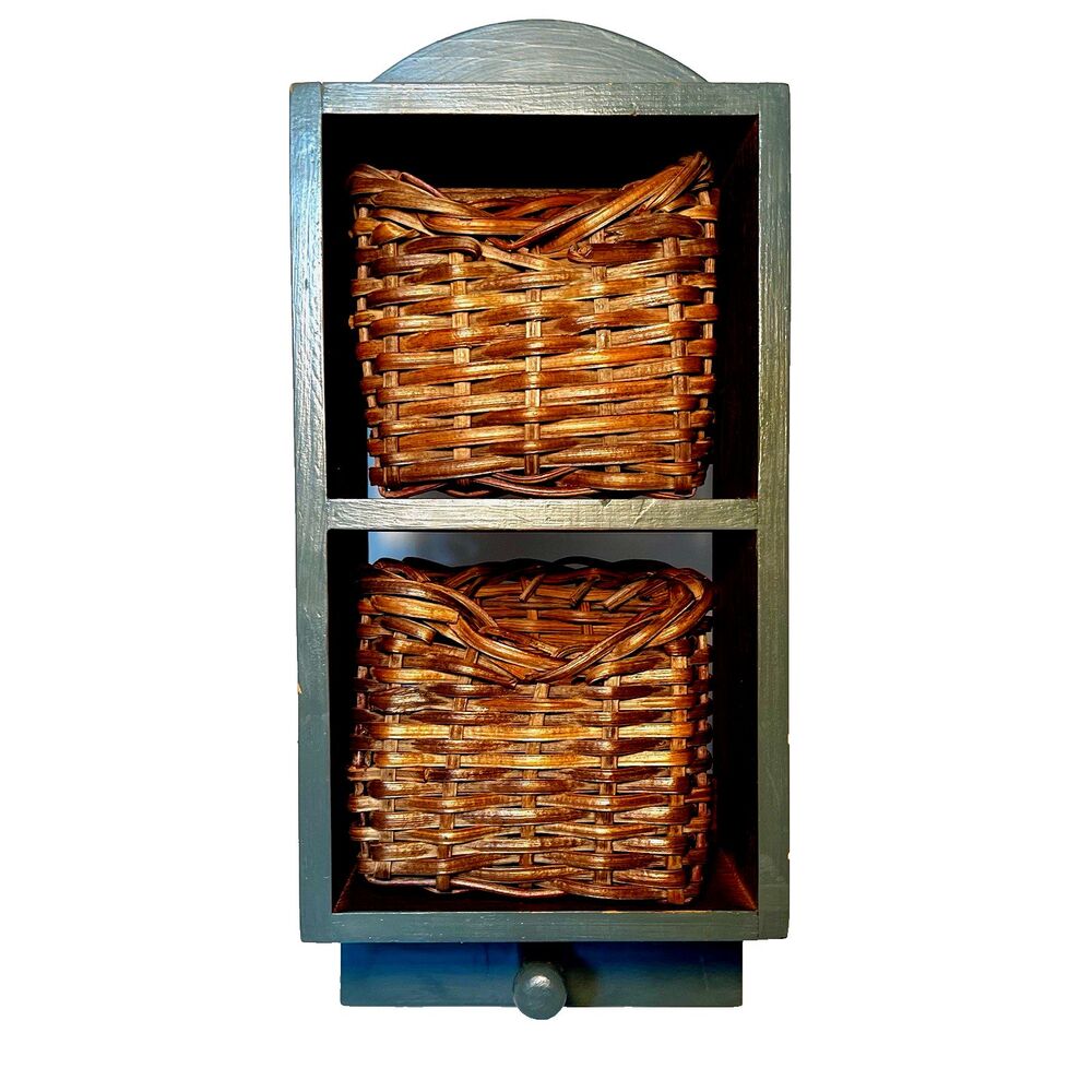 Vintage Farmhouse Cottage Blue Painted Wood Wall Shelf with Baskets & Peg 14x6
